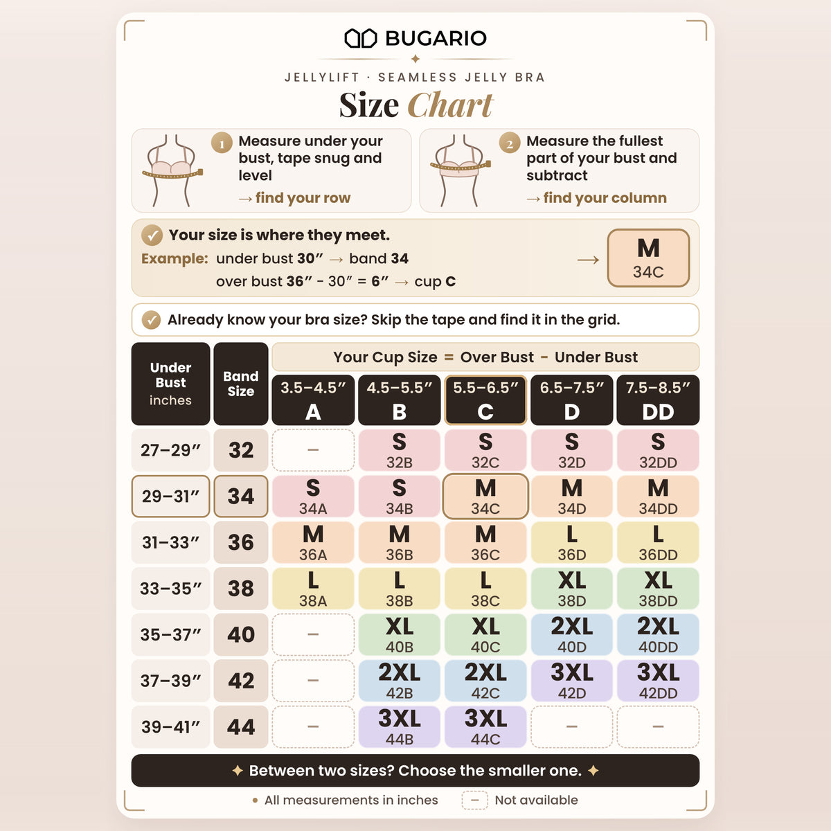 Bugario JellyLift jelly bra size chart: find your size by under bust and cup, S to 3XL
