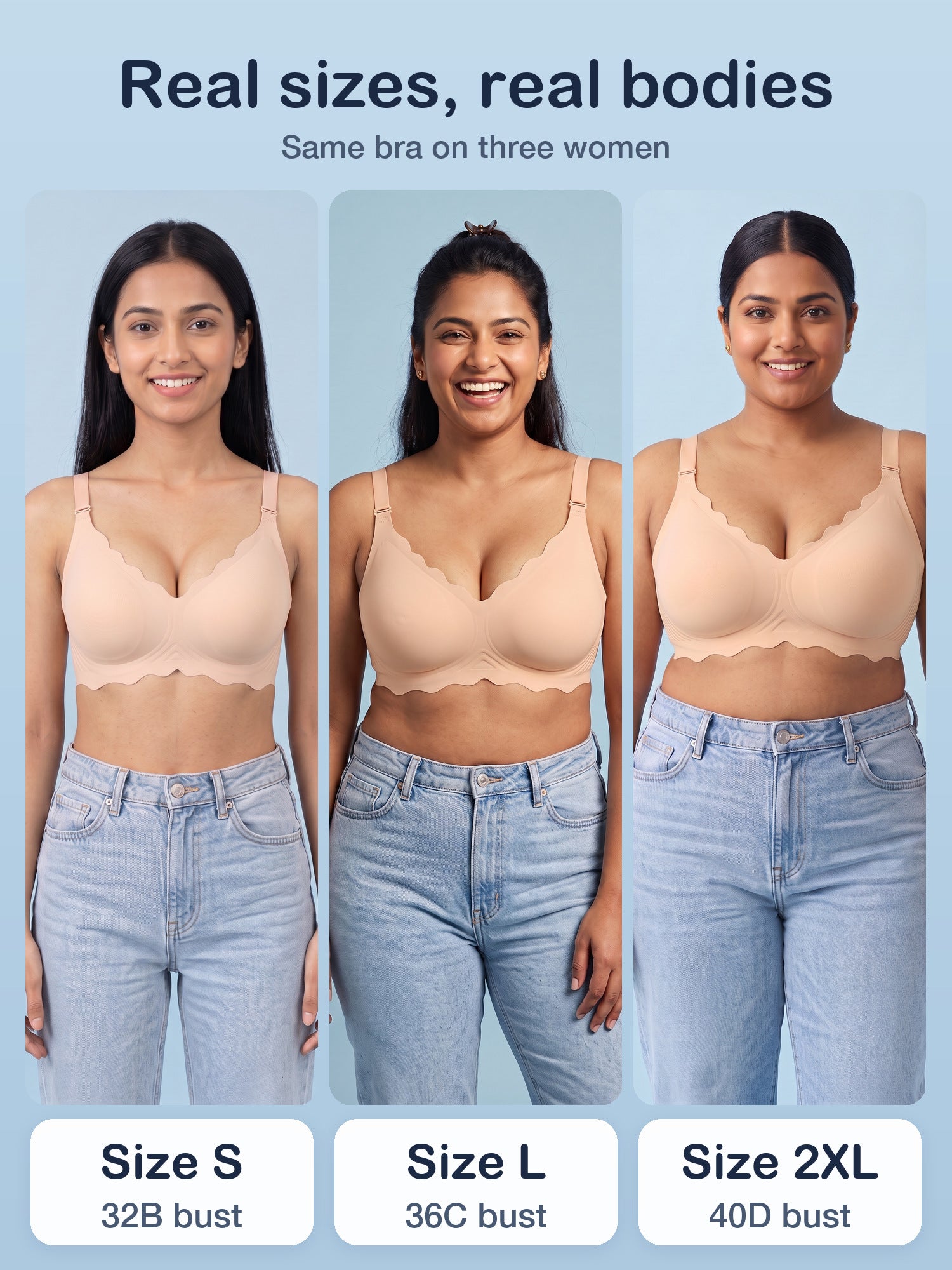 Bugario Cloudy jelly bra in Nude on three women in sizes S, L and 2XL