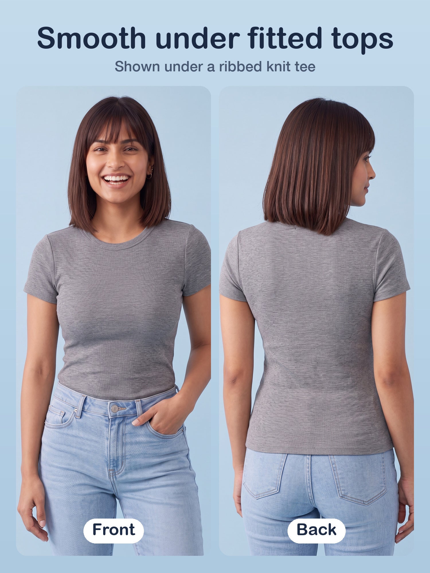 Bugario Cloudy jelly bra in Nude worn under a fitted T-shirt, smooth from the front and back
