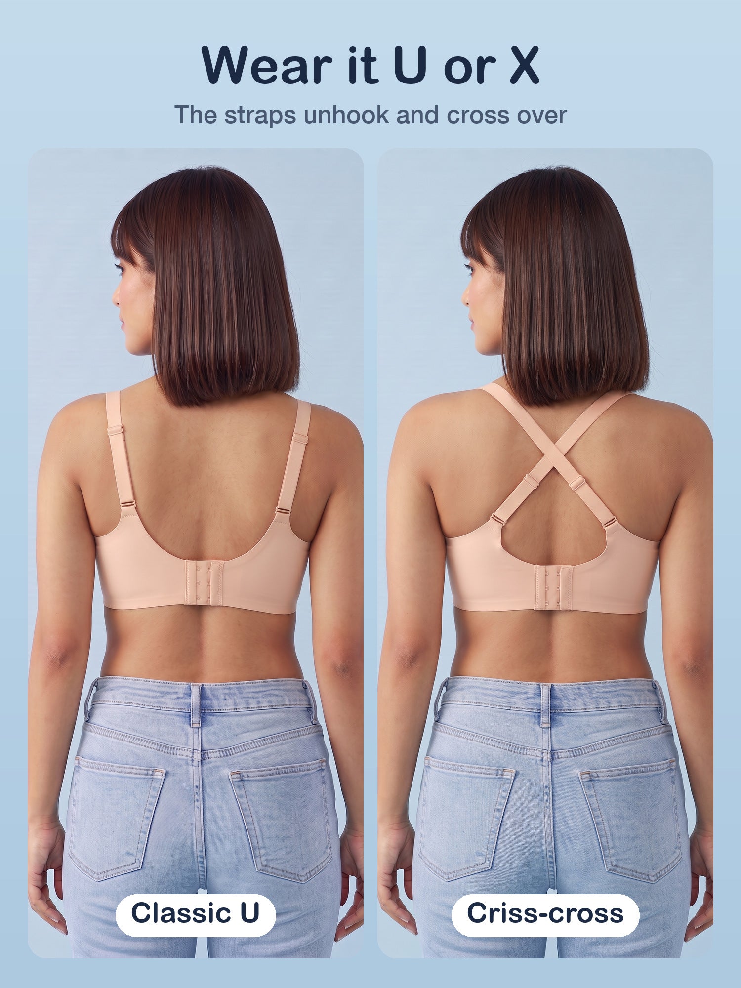 Back of the Bugario Cloudy jelly bra in Nude, worn as a classic U-back and as a criss-cross X-back