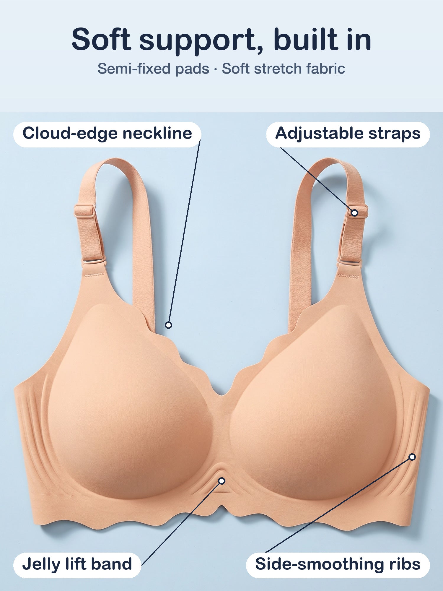 Bugario Cloudy jelly bra in Nude laid flat: cloud-edge neckline, adjustable straps, W-shaped jelly band, side-smoothing ribs