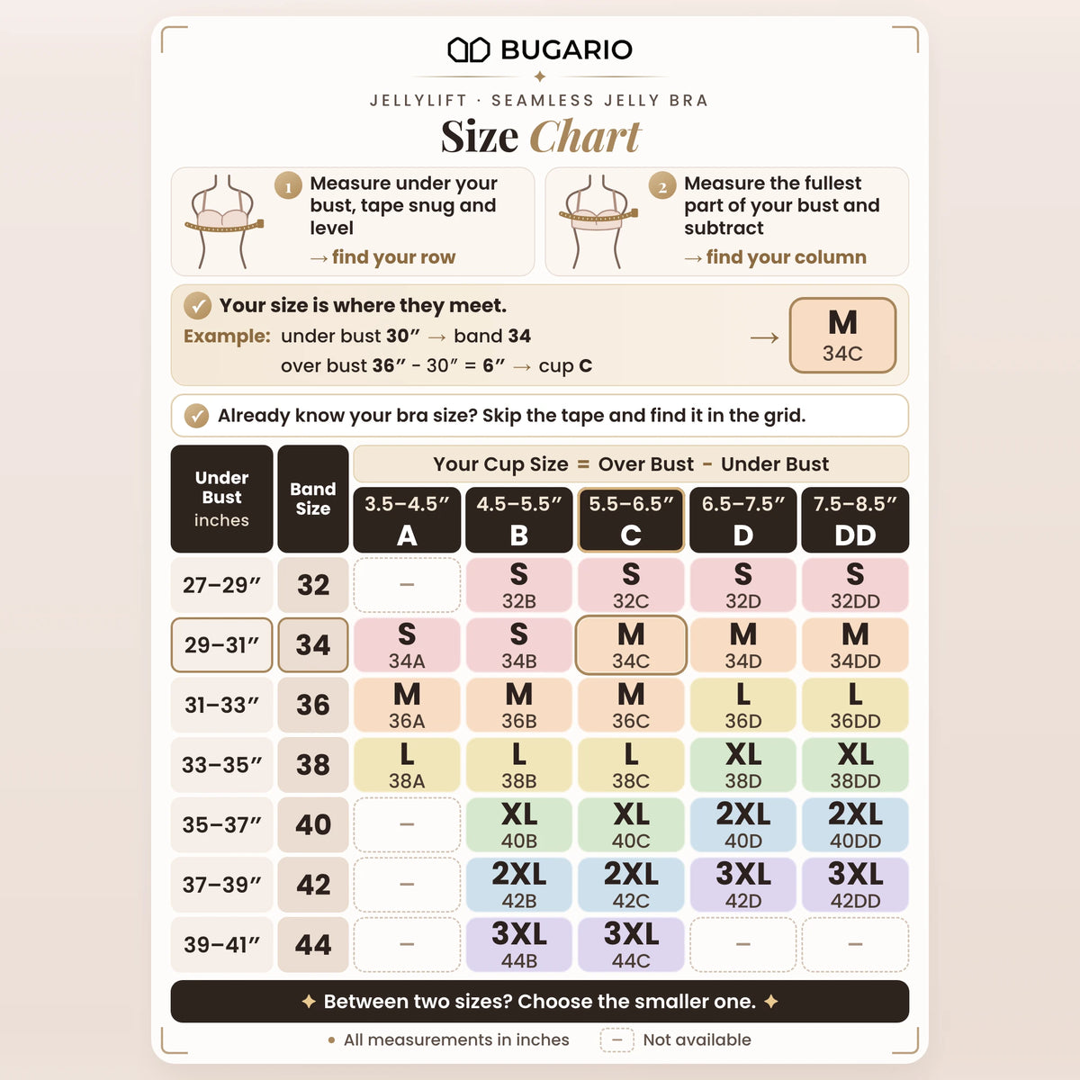 Bugario JellyLift jelly bra size chart: find your size by under bust and cup, S to 3XL